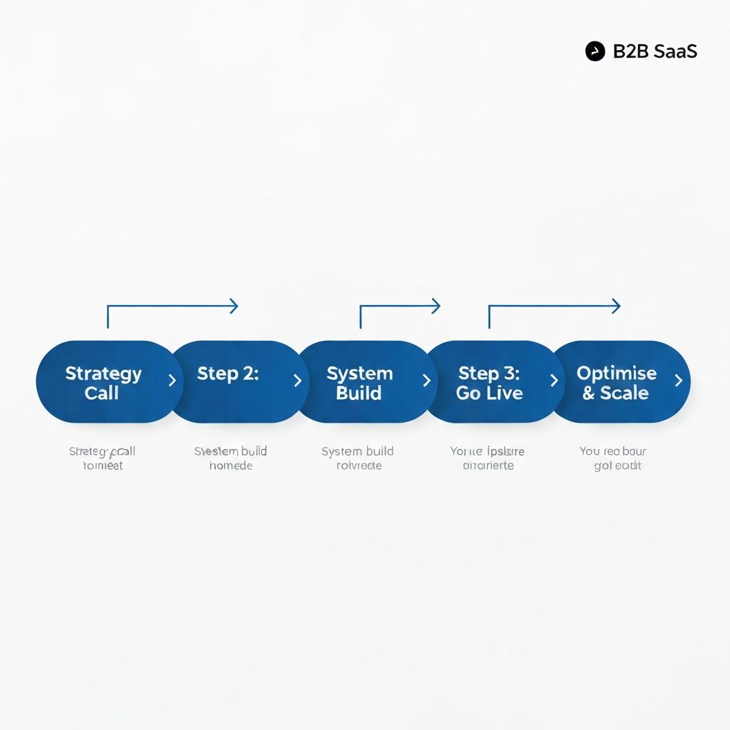 Four-step process flow diagram: Strategy Call, System Build, Go Live, Optimise and Scale